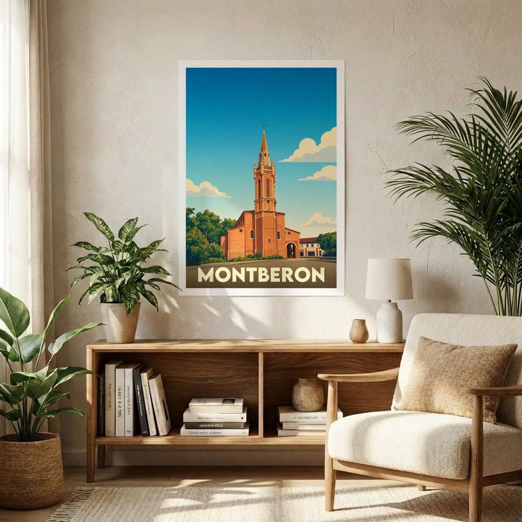 Affiche souvenir de la ville de Montberon avec une illustration stylisée d'une église au coucher du soleil.