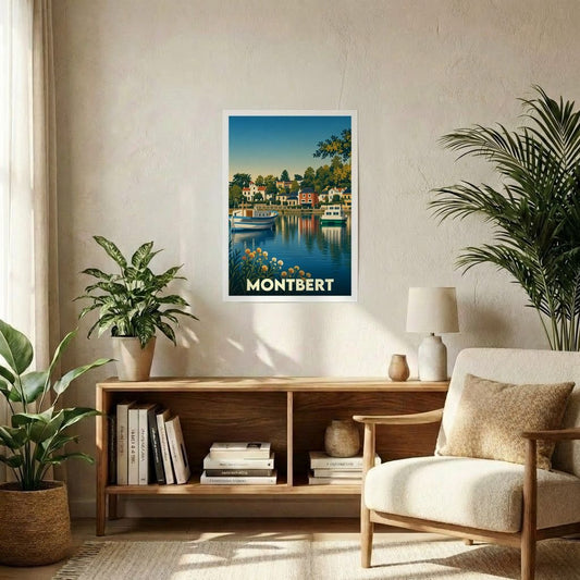 Affiche souvenir de la ville de Montbert avec une illustration stylisée d'un port au bord de l'eau.