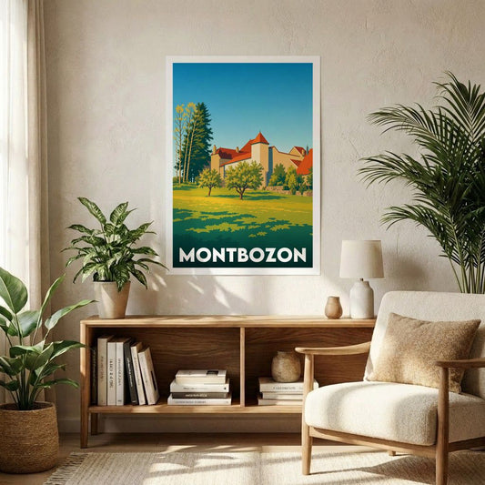 Affiche souvenir de la ville de Montbozon avec une illustration stylisée de ses paysages.