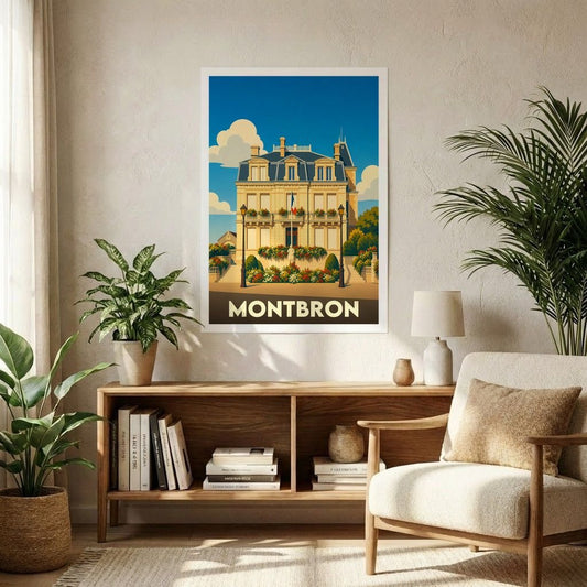 Affiche souvenir de la ville de Montbron représentant une illustration stylisée de son hôtel de ville fleuri.