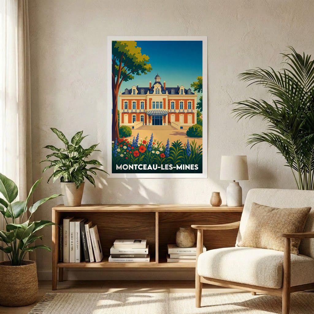 Affiche souvenir de la ville de Montceau-les-Mines avec une illustration stylisée d'une demeure historique.