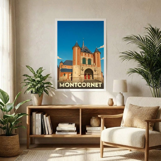 Affiche souvenir de la ville de Montcornet avec une illustration stylisée d'une église fortifiée.