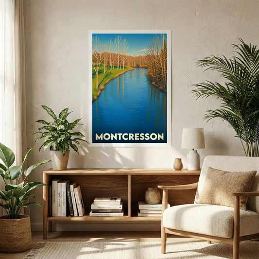 Affiche souvenir de la ville de Montcresson avec une illustration stylisée d'un cours d'eau bordé d'arbres.