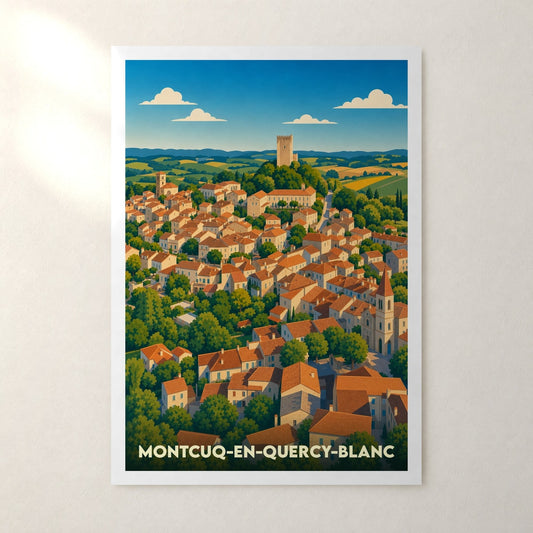 Affiche Montcuq-en-Quercy-Blanc – sans cadre, accrochée au mur