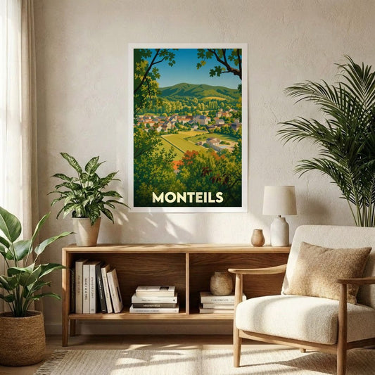 Affiche souvenir de la ville de Monteils avec une illustration stylisée d'un paysage vallonné.