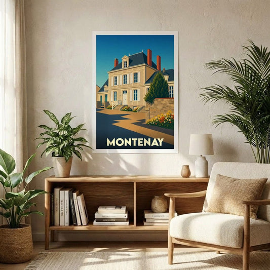 Affiche souvenir de la ville de Montenay avec une illustration stylisée d'un bâtiment historique et de jardins.