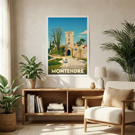 Affiche souvenir de la ville de Montendre avec une illustration stylisée de son château.