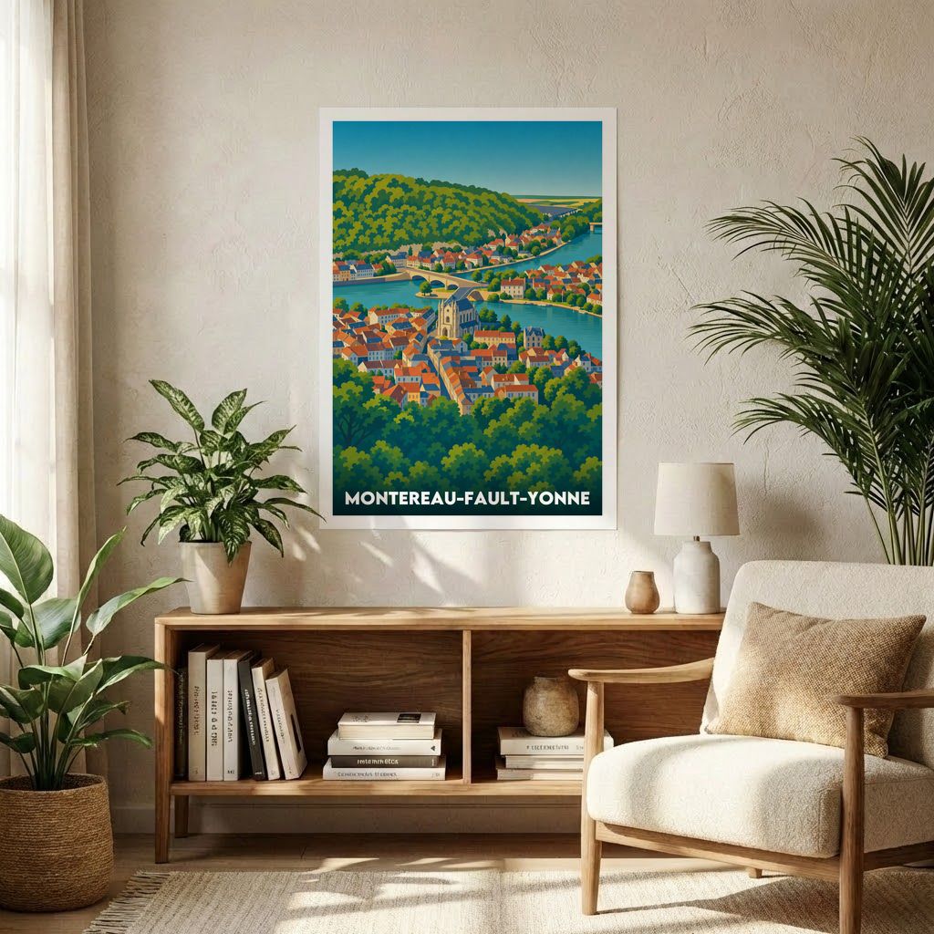 Affiche souvenir de la ville de Montereau-Fault-Yonne avec une illustration stylisée.