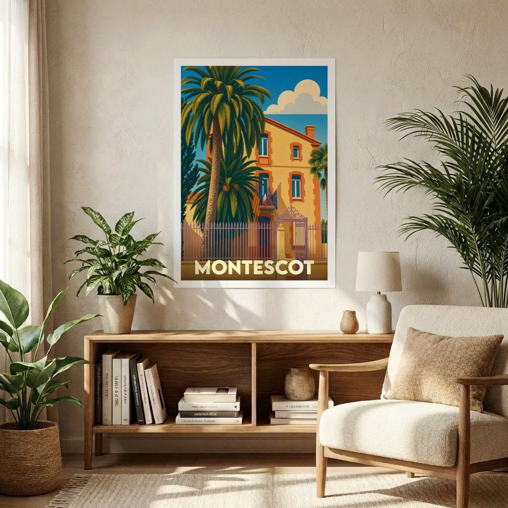 Affiche souvenir de la ville de Montescot présentant une illustration stylisée d'une villa ensoleillée entourée de palmiers.