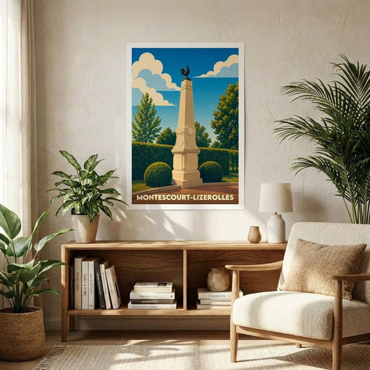 Affiche souvenir de la ville de Montescourt-Lizerolles avec une illustration stylisée d'un monument historique.