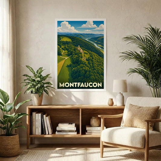 Affiche souvenir de la ville de Montfaucon représentant un paysage de vallée verdoyante avec une illustration stylisée.
