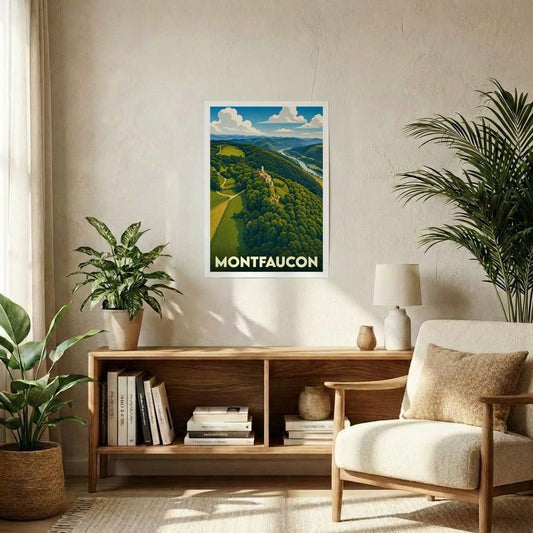 Affiche souvenir de la ville de Montfaucon avec une illustration stylisée d'un paysage verdoyant.
