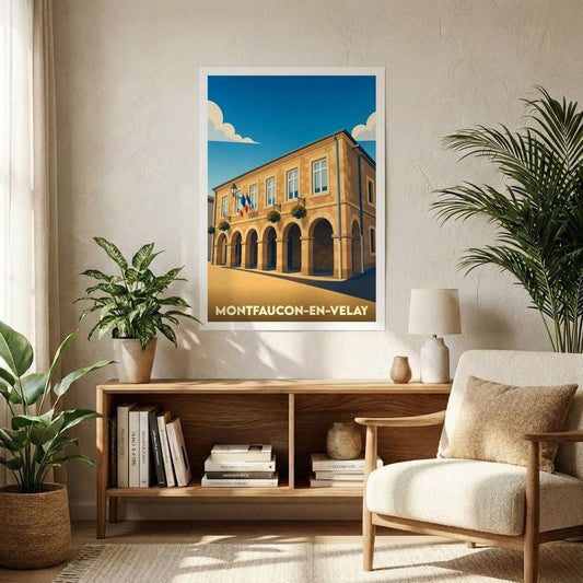 Affiche souvenir de la ville de Montfaucon-en-Velay avec une illustration stylisée de son architecture locale sous un ciel bleu.