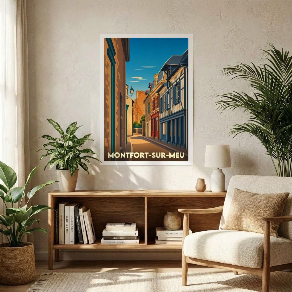 Affiche souvenir de la ville de Montfort-sur-Meu avec une illustration stylisée d'une rue historique.