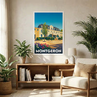 Affiche souvenir de la ville de Montgeron représentant son hôtel de ville dans un style graphique rétro et coloré.