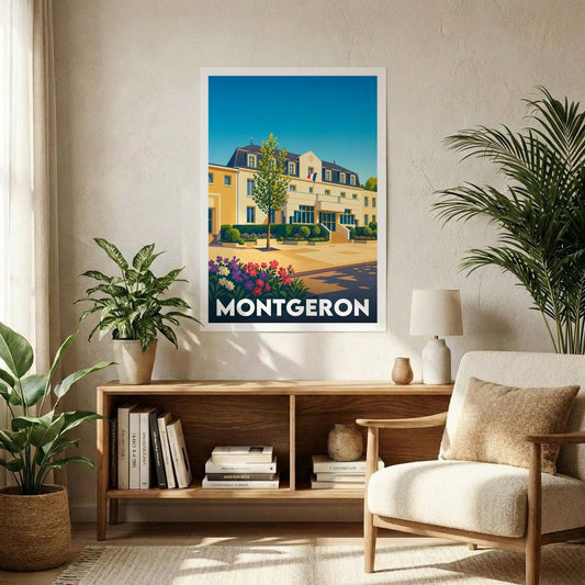 Affiche souvenir de la ville de Montgeron représentant son hôtel de ville dans un style graphique rétro et coloré.