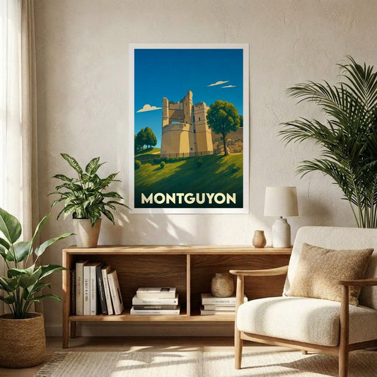 Affiche souvenir de la ville de Montguyon avec une illustration stylisée de son château médiéval.