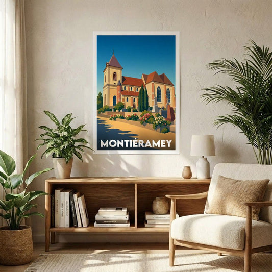 Affiche souvenir de la ville de Montiéramey avec une illustration stylisée.