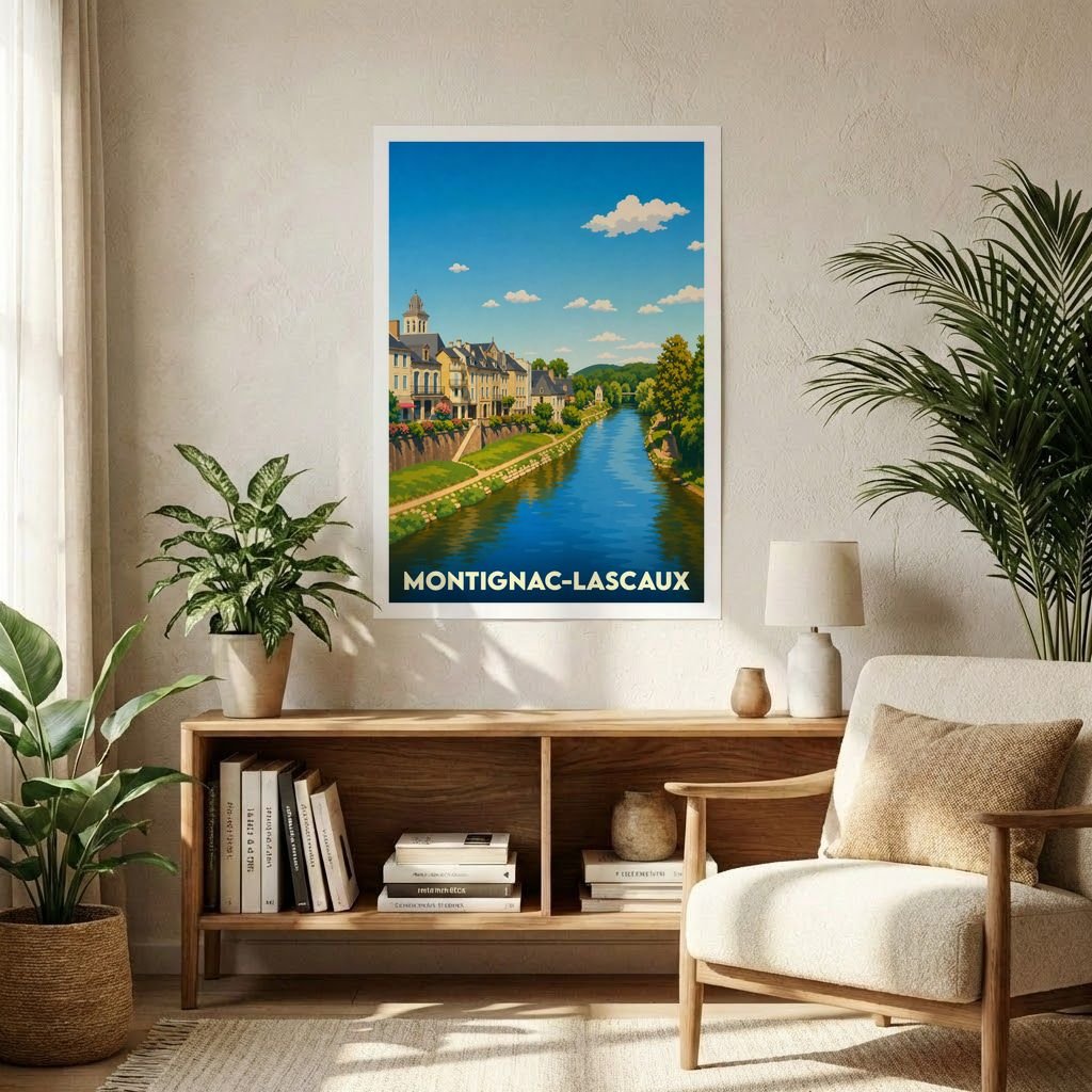 Affiche souvenir de la ville de Montignac-Lascaux représentant une illustration stylisée des quais de la Vézère.