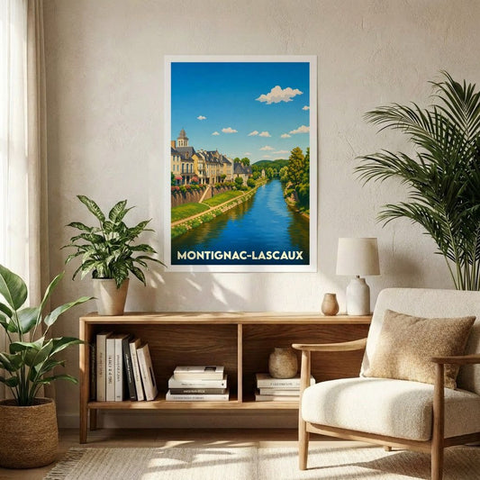 Affiche souvenir de la ville de Montignac-Lascaux représentant une illustration stylisée des quais de la Vézère.