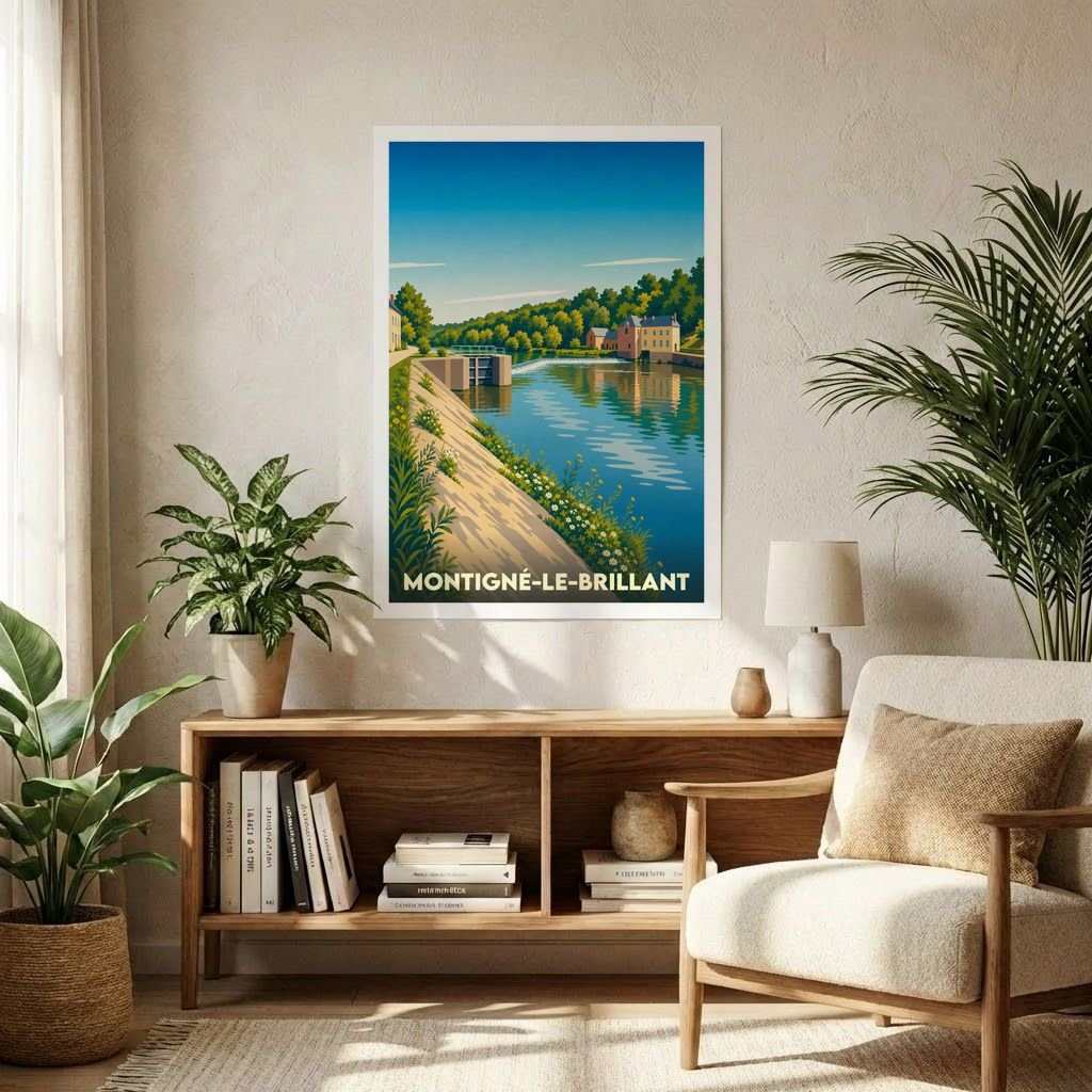 Affiche souvenir de la ville de Montigné-le-Brillant avec une illustration stylisée des bords de la Mayenne.