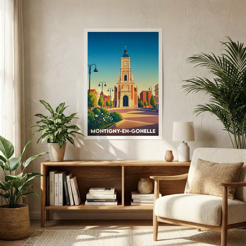 Affiche souvenir de la ville de Montigny-en-Gohelle avec une illustration stylisée de son église et de sa place.