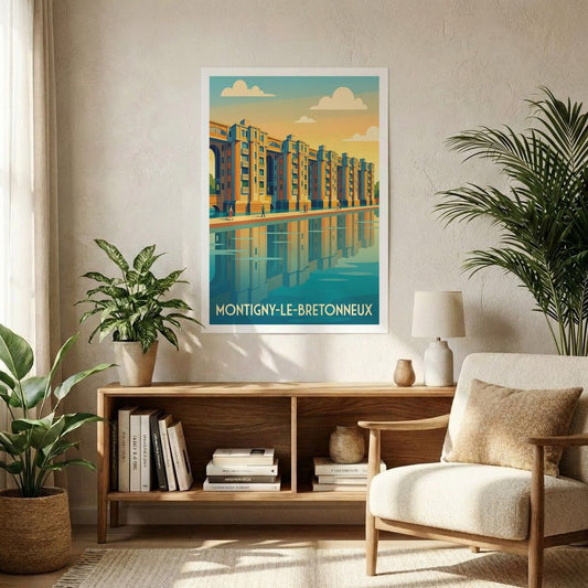 Affiche souvenir de la ville de Montigny-le-Bretonneux avec une illustration stylisée des Arcades du Lac.