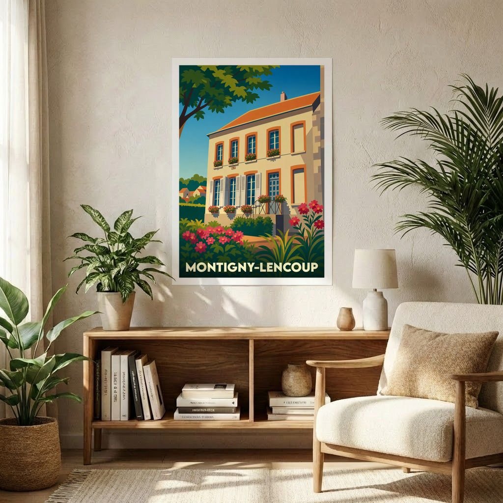 Affiche souvenir de la ville de Montigny-Lencoup avec une illustration stylisée d'une maison fleurie.