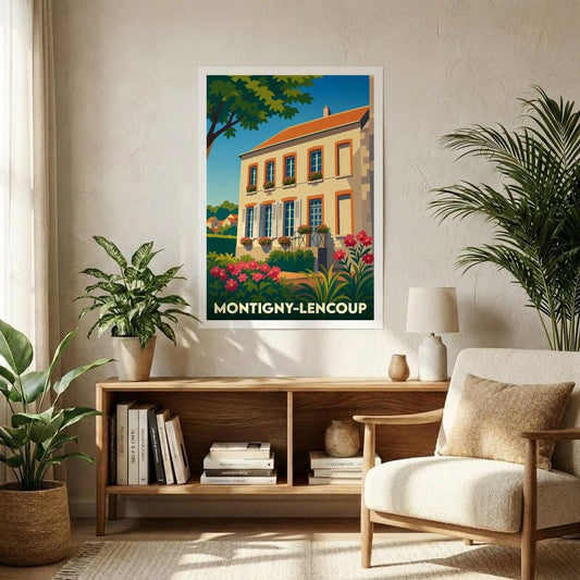 Affiche souvenir de la ville de Montigny-Lencoup avec une illustration stylisée d'une maison fleurie.