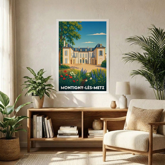 Affiche souvenir de la ville de Montigny-lès-Metz représentant une demeure historique dans un style graphique épuré.