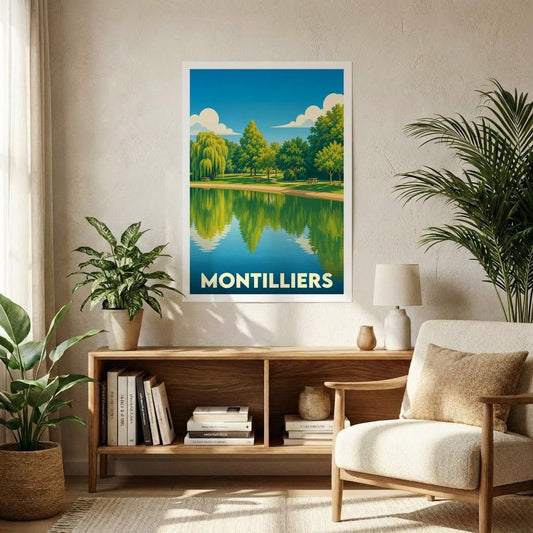 Affiche souvenir de la ville de Montilliers avec une illustration stylisée d'un parc au bord de l'eau.