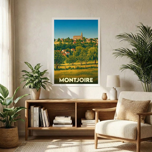 Affiche souvenir de la ville de Montjoire présentant une illustration stylisée et colorée de ses paysages.