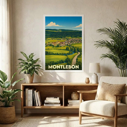 Affiche souvenir de la ville de Montlebon illustrant un paysage de campagne vallonné au style rétro.