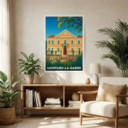 Affiche souvenir de la ville de Montlieu-la-Garde illustrant sa mairie dans un style vintage et coloré.