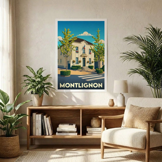 Affiche souvenir de la ville de Montlignon avec une illustration stylisée.