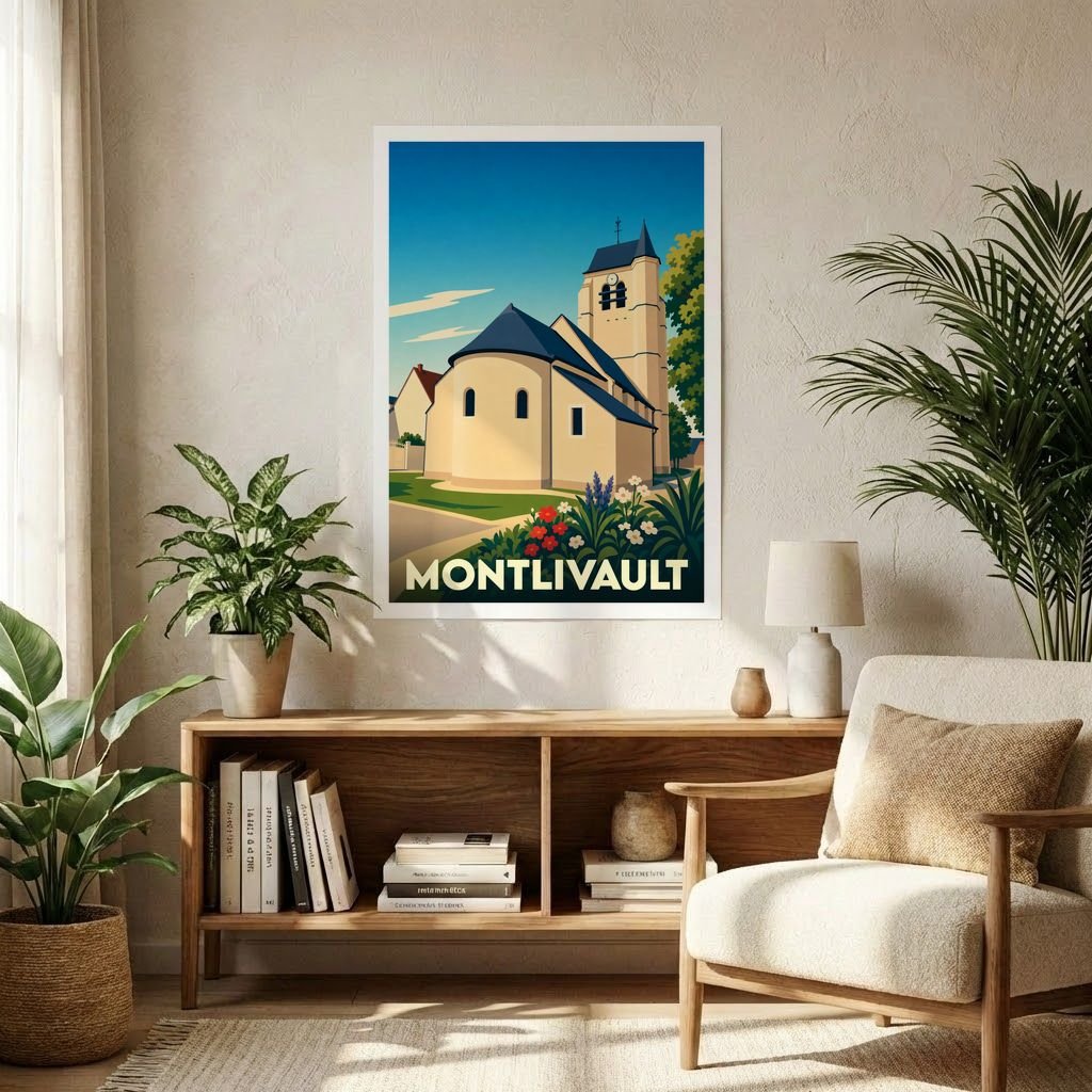 Affiche souvenir de la ville de Montlivault illustrant son église dans un style graphique épuré.