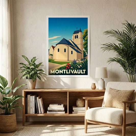 Affiche souvenir de la ville de Montlivault illustrant son église dans un style graphique épuré.