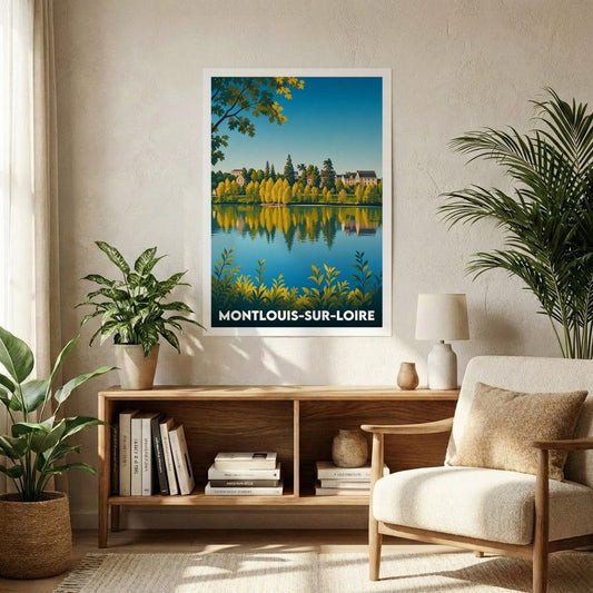 Affiche souvenir de la ville de Montlouis-sur-Loire avec une illustration stylisée d'un paysage de bord de Loire.