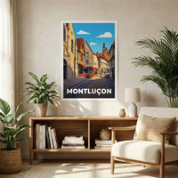 Affiche souvenir de la ville de Montluçon avec une illustration stylisée d'une rue pittoresque.