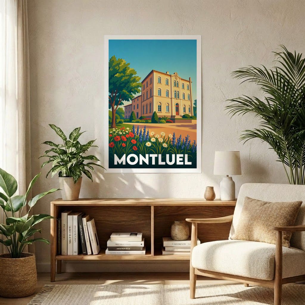 Affiche souvenir de la ville de Montluel avec une illustration stylisée et colorée d'un bâtiment historique.