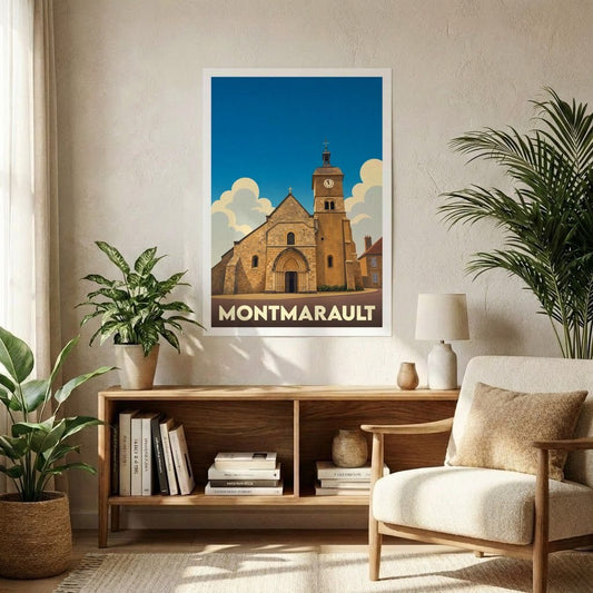 Affiche souvenir de la ville de Montmarault représentant son église dans un style graphique rétro.