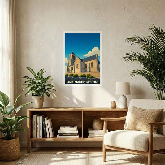 Affiche souvenir de la ville de Montmartin-sur-Mer avec une illustration stylisée de son église.