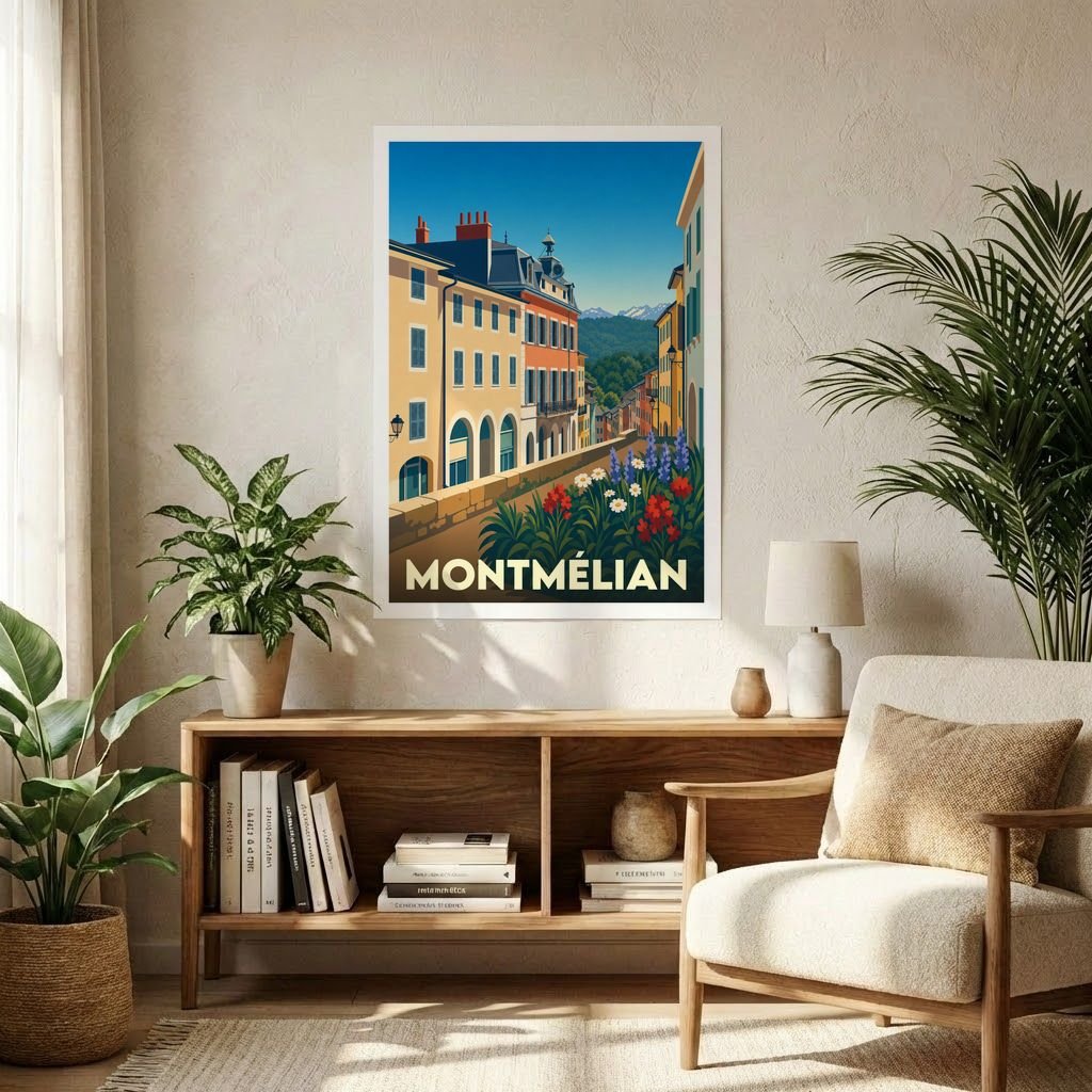 Affiche souvenir de la ville de Montmélian avec une illustration stylisée et colorée de ses bâtiments et montagnes.