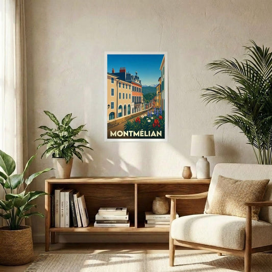 Affiche souvenir de la ville de Montmélian avec une illustration stylisée et colorée.