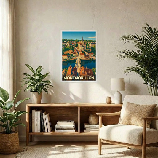 Affiche souvenir de la ville de Montmorillon avec une illustration stylisée et colorée.