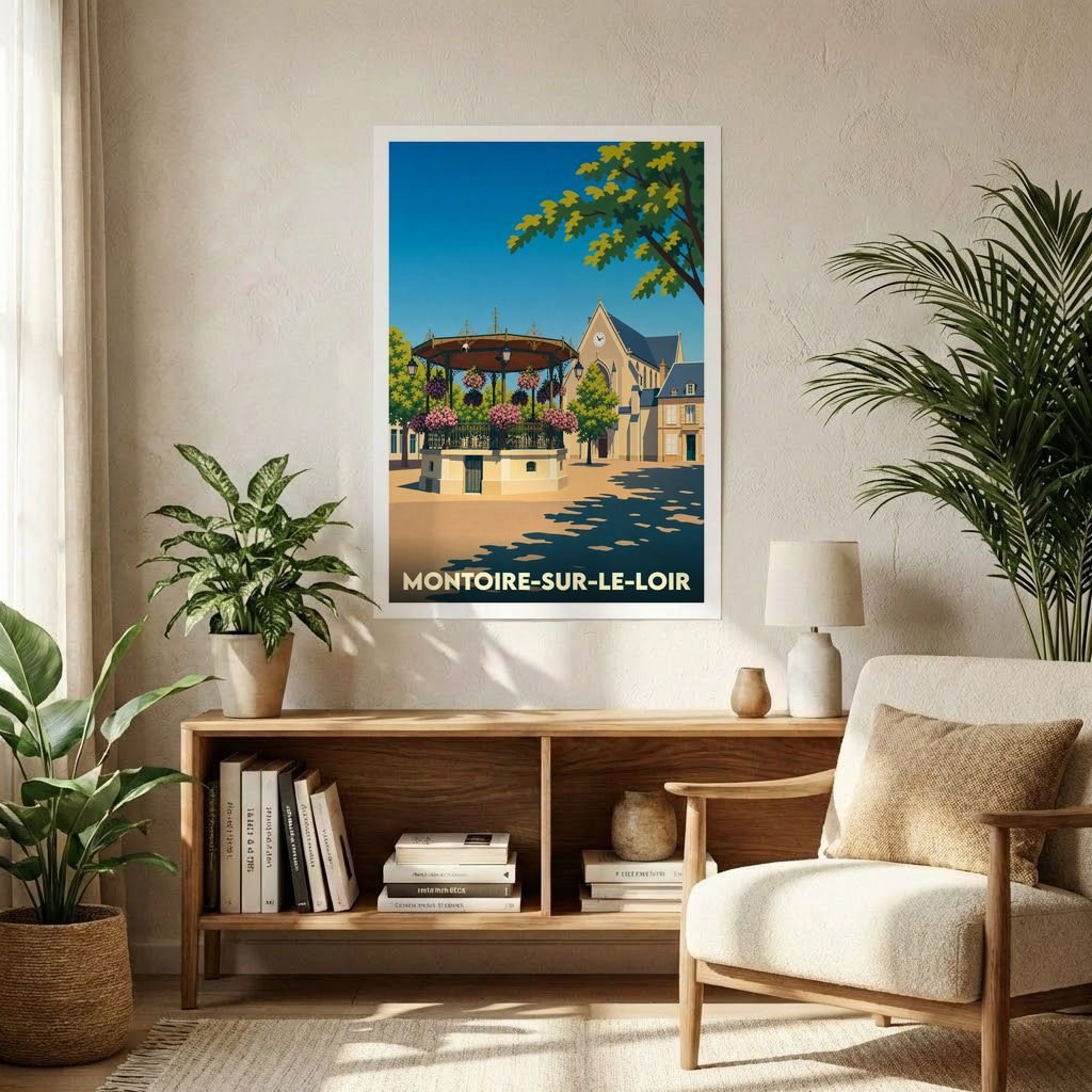 Affiche souvenir de la ville de Montoire-sur-le-Loir avec une illustration stylisée de son kiosque à musique et de son église.