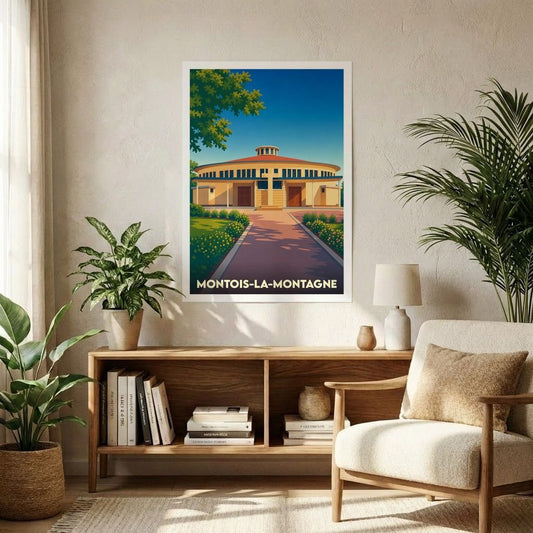 Affiche souvenir de la ville de Montois-la-Montagne avec une illustration stylisée d'un bâtiment circulaire.
