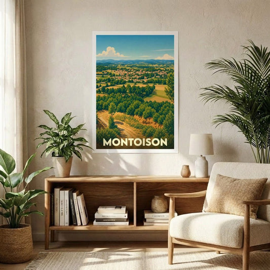 Affiche souvenir de la ville de Montoison avec une illustration stylisée de son paysage vallonné.