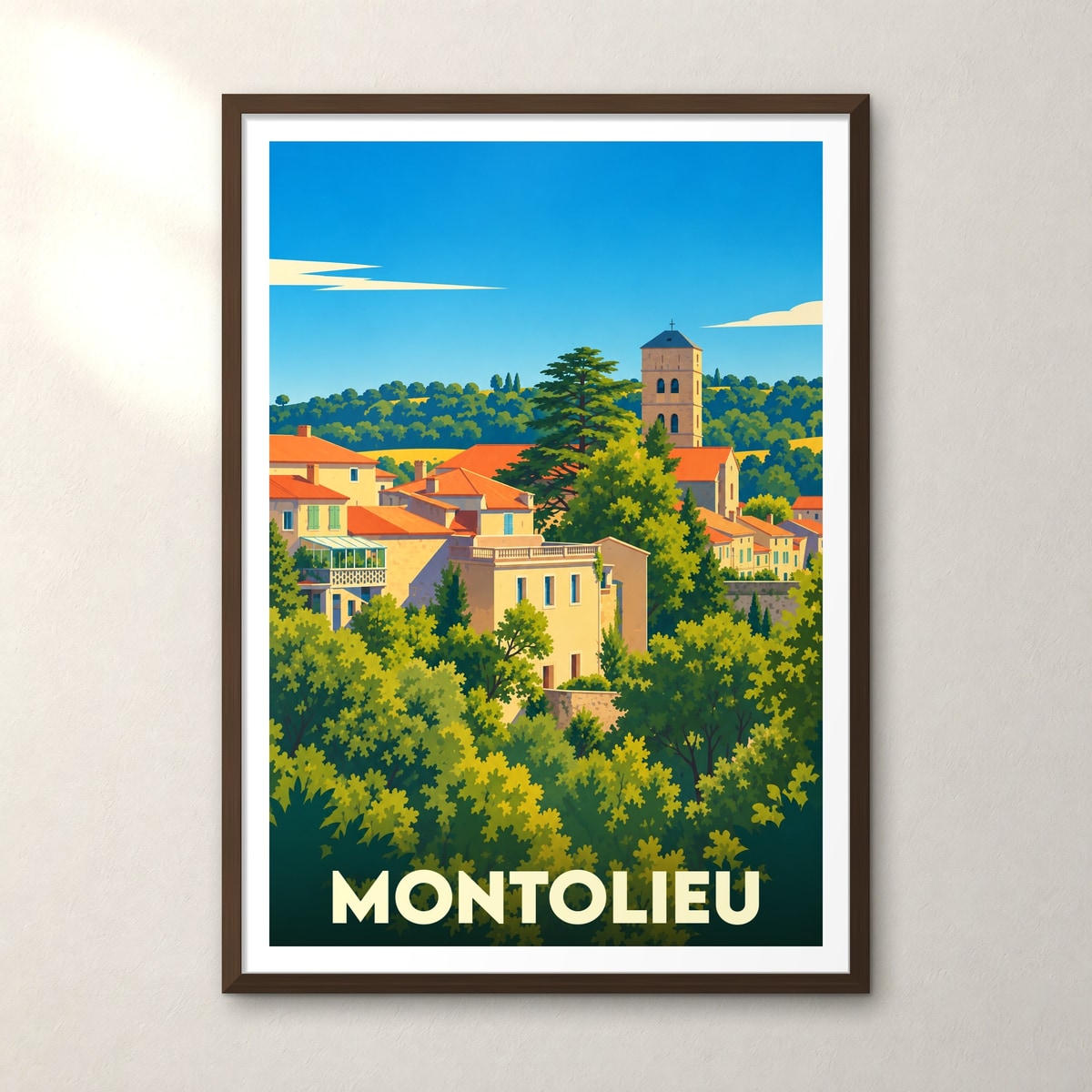 Affiche souvenir de la ville de Montolieu présentant une illustration stylisée et colorée de ses toits et de son église nichés dans la verdure.