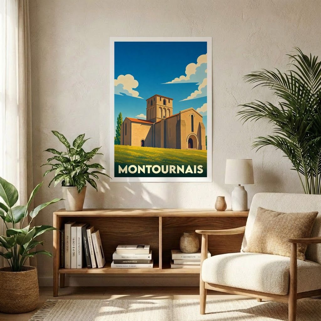 Affiche souvenir de la ville de Montournais avec une illustration stylisée de son église romane.